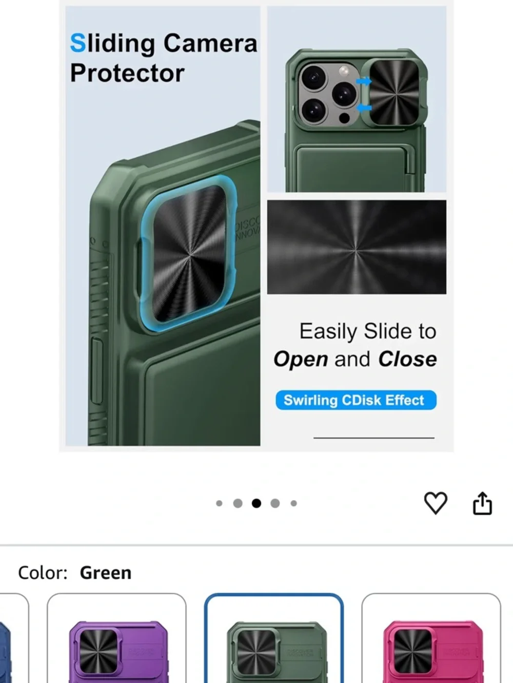 Slim Green Protective‎ Phone Case with Built-In Camera Cover and Kickstand
